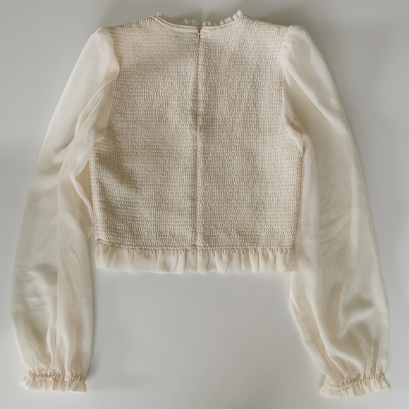 Aritzia Wilfred Tempest Blouse Cream Elastic Body Sheer Puff Long Sleeve Top - Picture 2 of 4
